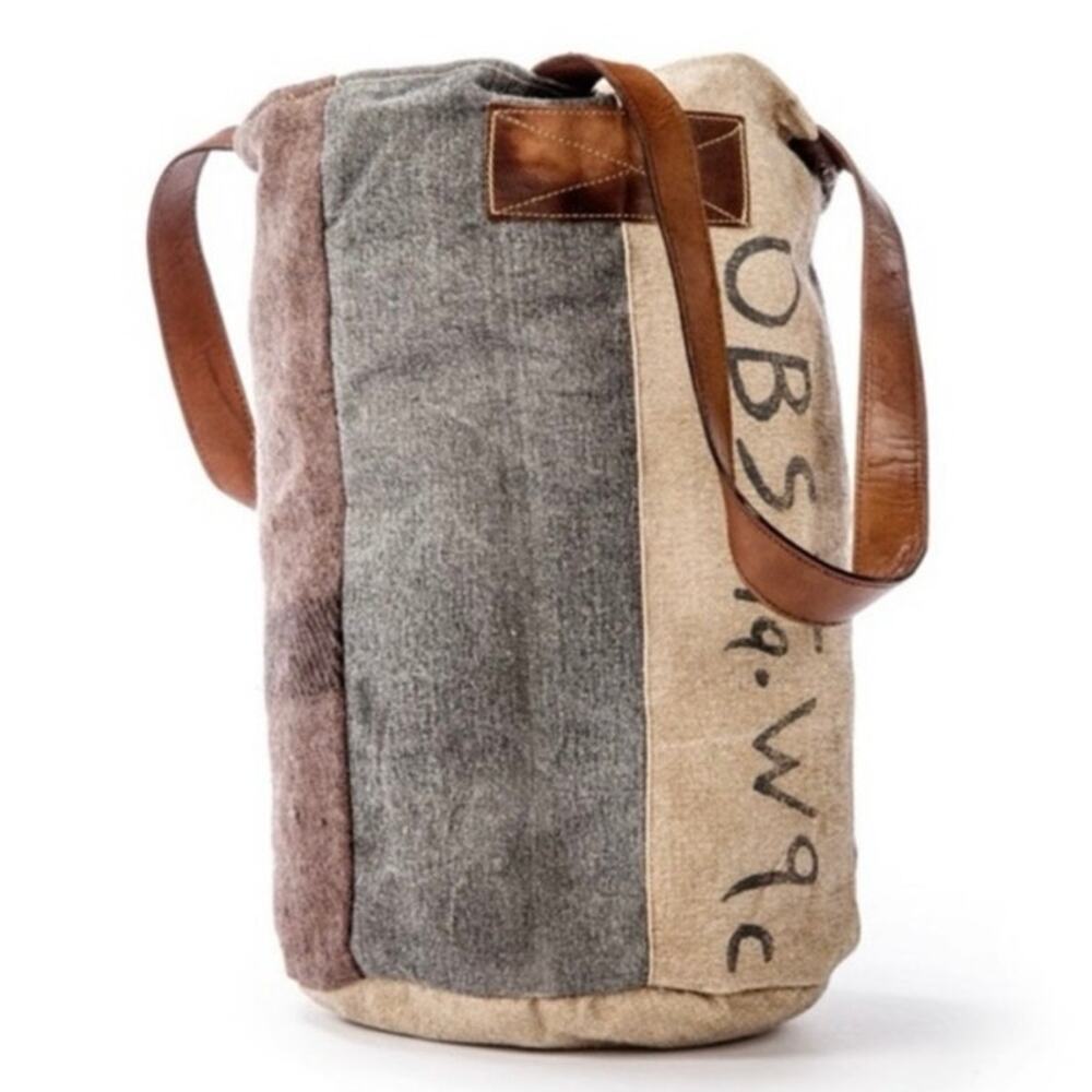 The Barrel Shack Pascale Tote Bag Cotton Wool Leather Handles Boho Travel Brown